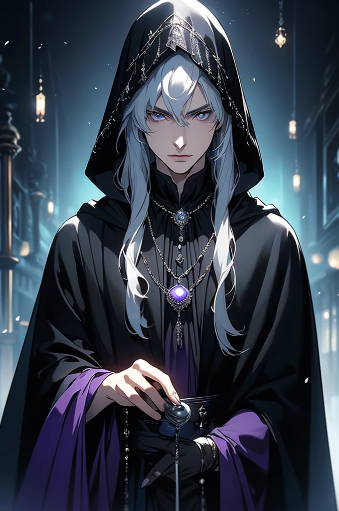 (masterpiece, 32k, 8k) very detailed image, naturally handsome young man, pale skin, shoulder-length silver hair, deep cyan eyes, (beautiful black cloak), image focused on the character's face, character looking fixedly at the viewer, cynical expression, office background, holding a black pearl in her hand, pearl shining black and purple