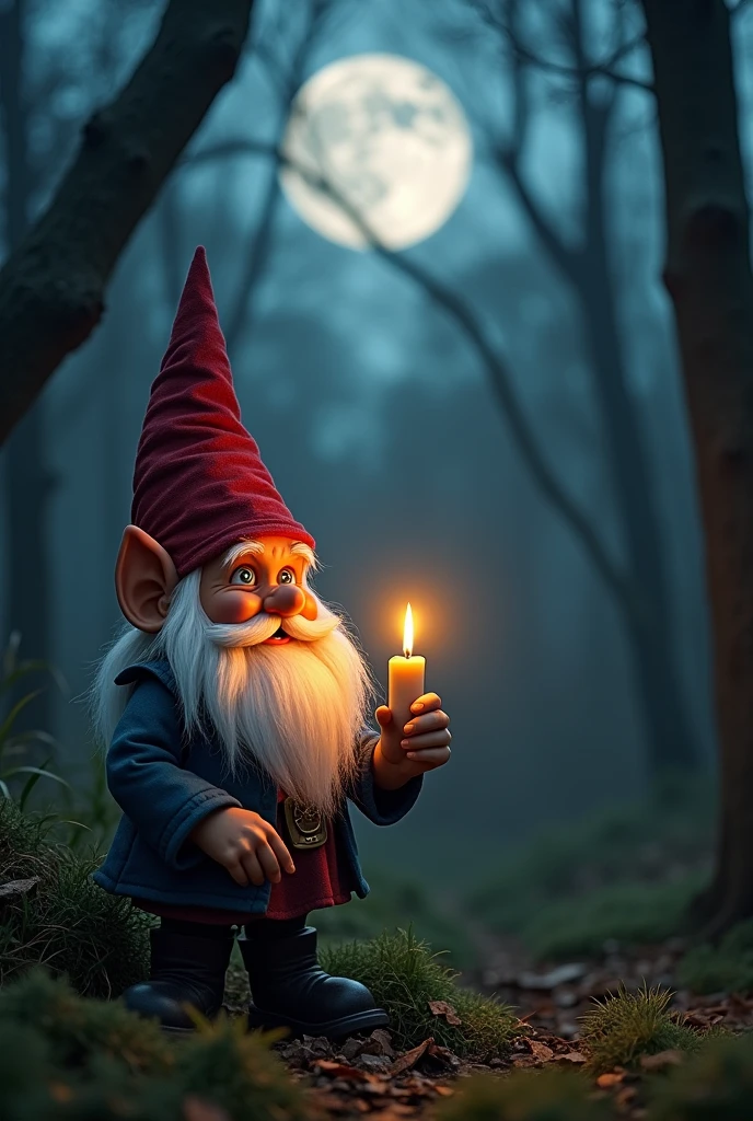 gnome in the forest holding a candle with the full moon in the background