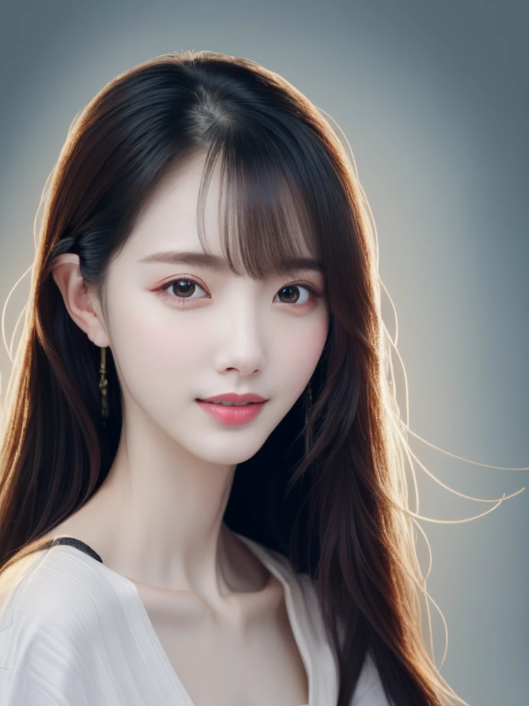 ((photorealistic:1.3)),((ultra detailed)),((sharp:1.5)),1woman,28yo, solo, black hair, long hair, original, realistic, looking at viewer, upper body, shirt, white shirt,lips, brown hair, parted lips, photo-referenced, real life, simple background, no makeup, pink lips, blue background, grey background, looking to the side, lipstick, dress,shadow, parted bangs.((8K)),((upper body)),((slender)),wearing w white blause