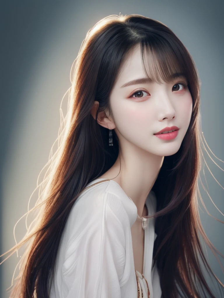 ((photorealistic:1.3)),((ultra detailed)),((sharp:1.5)),1woman,28yo, solo, black hair, long hair, original, realistic, looking at viewer, upper body, shirt, white shirt,lips, brown hair, parted lips, photo-referenced, real life, simple background, no makeup, pink lips, blue background, grey background, looking to the side, lipstick, dress,shadow, parted bangs.((8K)),((upper body)),((slender)),wearing w white blause