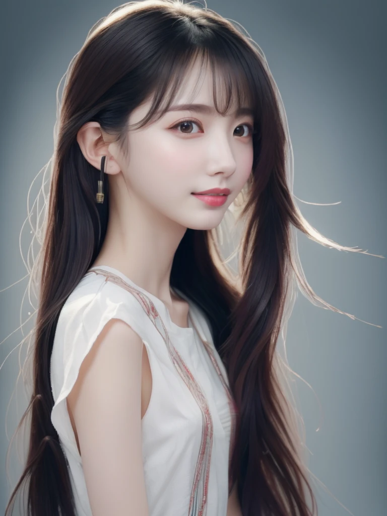 ((photorealistic:1.3)),((ultra detailed)),((sharp:1.5)),1woman,28yo, solo, black hair, long hair, original, realistic, looking at viewer, upper body, shirt, white shirt,lips, brown hair, parted lips, photo-referenced, real life, simple background, no makeup, pink lips, blue background, grey background, looking to the side, lipstick, dress,shadow, parted bangs.((8K)),((upper body)),((slender)),wearing w white blause