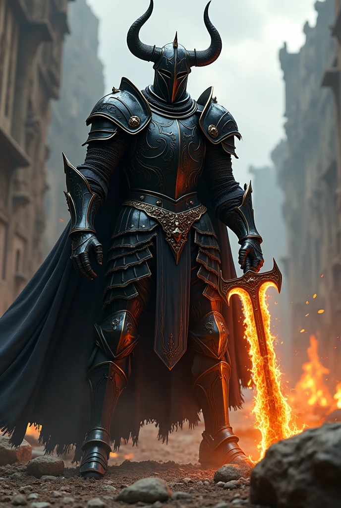 A medieval knight in gleaming black armor with a flaming sword in combat stance