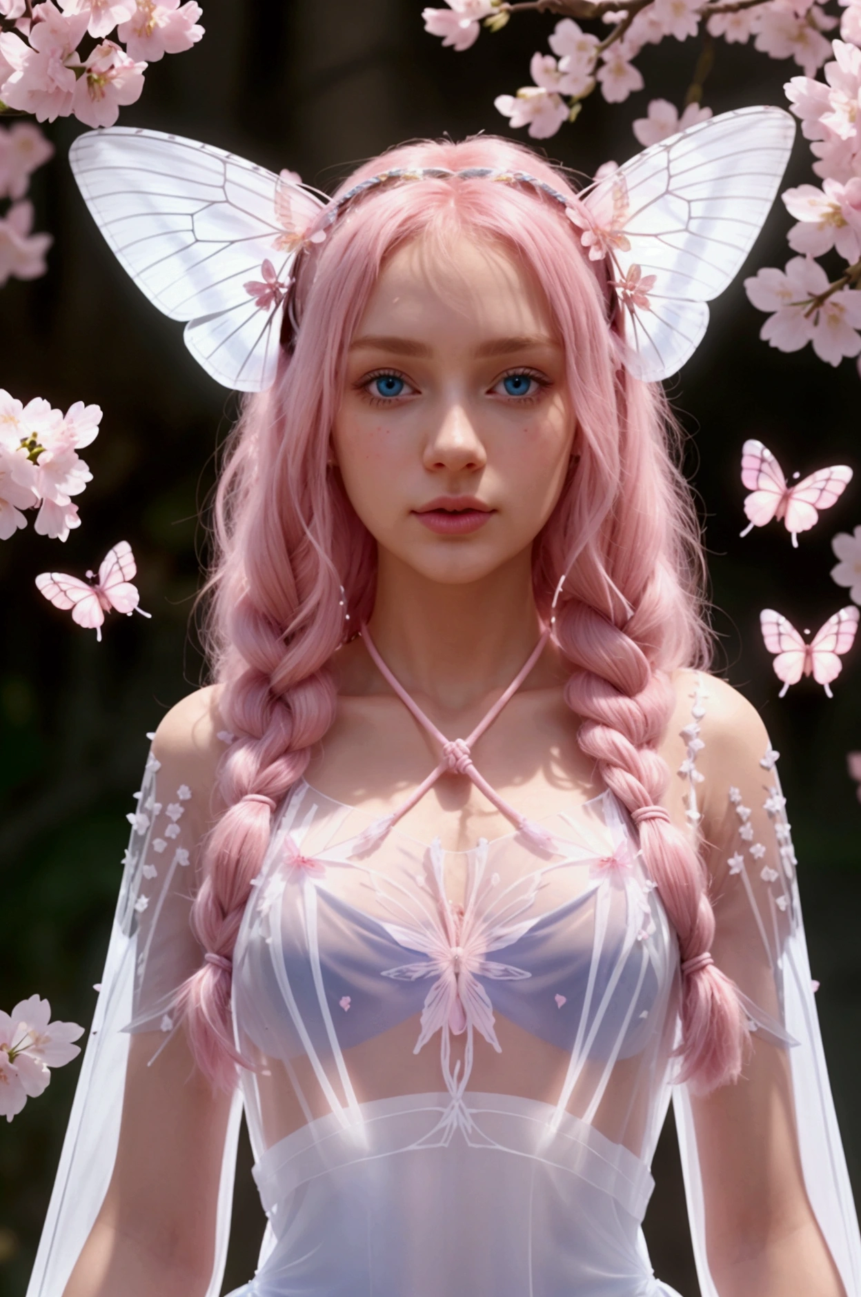 (CG unity 8K wallpaper extremely detailed) (better quality) (better lighting) (an extremely delicate and Beautiful) (floating) (Beautiful) (Spring atmosphere) (1 Girl) (long pink hair), (Headband for hair), (detailed and Beautiful blue eyes), ((Very short white dress., pink lace underside), (lace), ((light transparent silk))), (Cherry blossom petals), (butterflies), (INFLUENZA), (volumetric light) cinematic lighting, Chromatic aberration, Sony fe um, textured leather, high detail, a high resolution, 8K