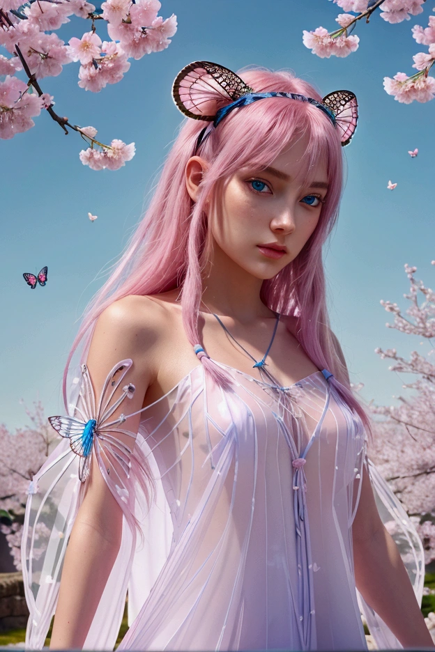 (CG unity 8k wallpaper extremely detailed) (Best Quality) (better lighting) (an extremely delicate and beautiful) (floating) (beautiful) (spring atmosphere) (1 girl) (long pink hair), (hair headband), (detailed and beautiful blue eyes), ((very short white dress, pink cord underside), (cord), ((this transparent ligera))), (cherry blossom petals), (butterflies), (Degrees of freedom), (volumetric light) cinematic lighting, chromatic aberration, Sony FE GM, textured skin, High details, High resolution, 8k
