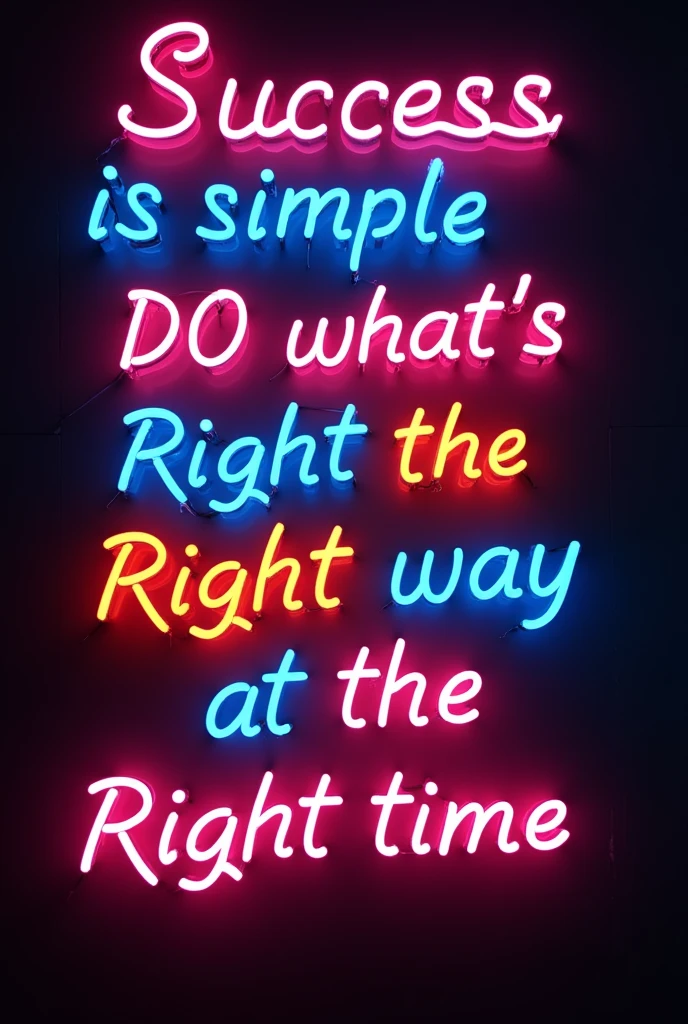 Typography Poster which says "Success is simple DO what's Right  the Right way at the Right time" in neon colours, the letters are italics and lit