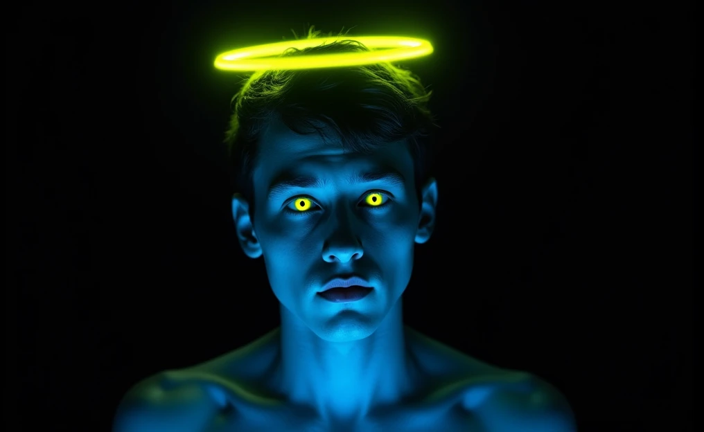 The image features a young man whose skin, though likely pale by nature, is depicted in a blue tone to convey a sense of coldness. His expression is serious and introspective, with bright neon yellow eyes that stand out against the blue of his skin. There is a halo of the same bright yellow color above his head, adding an angelic or ethereal quality to the character.
The background is completely black, which intensifies the contrast and makes the character’s bright colors stand out even more. The blue in his skin, combined with deep shadows and the glow from the halo and eyes, creates a cold, mysterious, and almost otherworldly atmosphere. The choice of these colors seems designed to evoke a sense of distance, mystery, and perhaps an unsettling stillness.