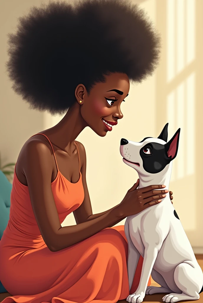The image shows a black lady with a voluminous afro and a warm smile on her face.. She looks up gently at the dog beside her., a Bull Terrier with white fur and dark spots. The lady is elegantly dressed and seems to convey a sense of serenity and confidence.. The dog, A sua volta, displays an alert and curious expression, appearing to be completely devoted to his mate. cartoon