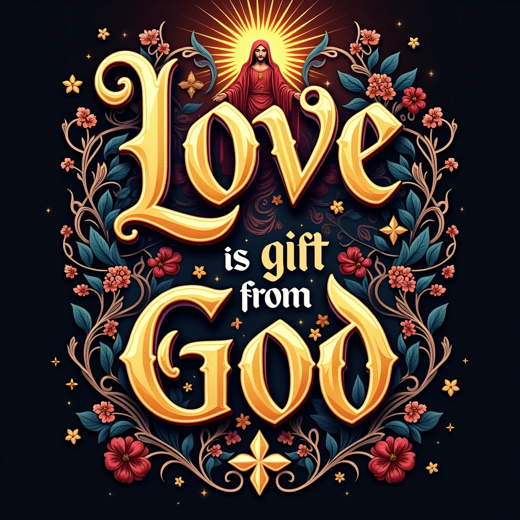 Typography Poster design, gift theme, text "Love is gift from God", masterpiece, best quality, ultra-detailed, intricate, vivid colors