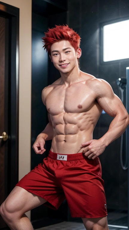 Japanese men、、Well-developed muscles and smooth skin、Spiky red hair、Yellow Boxer Briefs、Fearless smile、Masculine pose、You can see the whole body from head to toe、Hero Academy