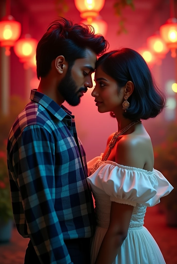 An indian boy wear long sleeved flannel blue checked button open shirt with beard looking with a indian girl with short hair who wear white High Low Victorian Dress Puff Sleeve Off Shoulder and various red light in background