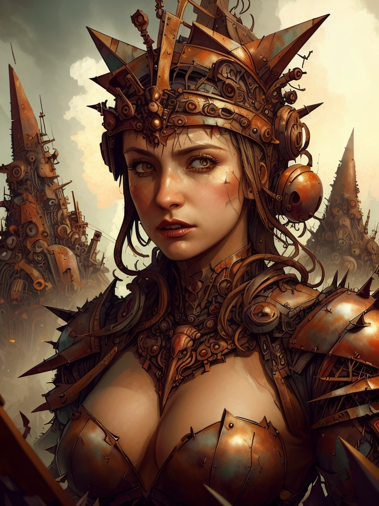 RAW Photo of worldofscrap portrait, solo, upper body, detailed background, detailed face, (victorian theme:1.1), (angry battle-cry:0.8), dark death knight, unholy, red clothes, spiked armor, cape, evil royal spiked crown, floating particles, rocks, monsters in background, lightning in background, misty dark sinister atmosphere, stormclouds, , corroded, broken, junker (Masterpiece:1.3) (best quality:1.2) (high quality:1.1), details,high quality,cinematic lighting,depth of field,particle effects,80mm F1.9 lens,Masterpiece,concept art,complementary colors,analog style