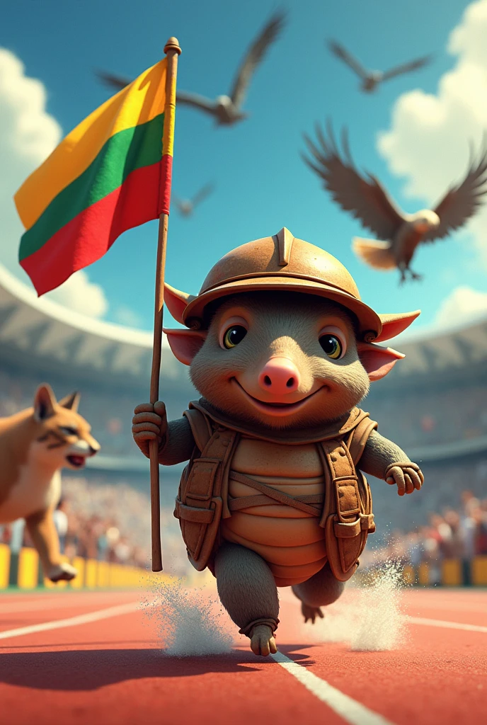 An animated armadillo with the Bolivian flag in his hand, with a brown miner's helmet on his head and he is running athletics Paris 2024 The flag is red, yellow and green The shell is noticeable And his face is more monastic (special smiling)
Plus a dangerous Andean puma attacking him from behind Plus a ferocious condor from above