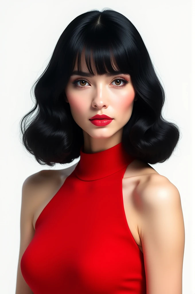 Black hair medium、Red dress、Background white