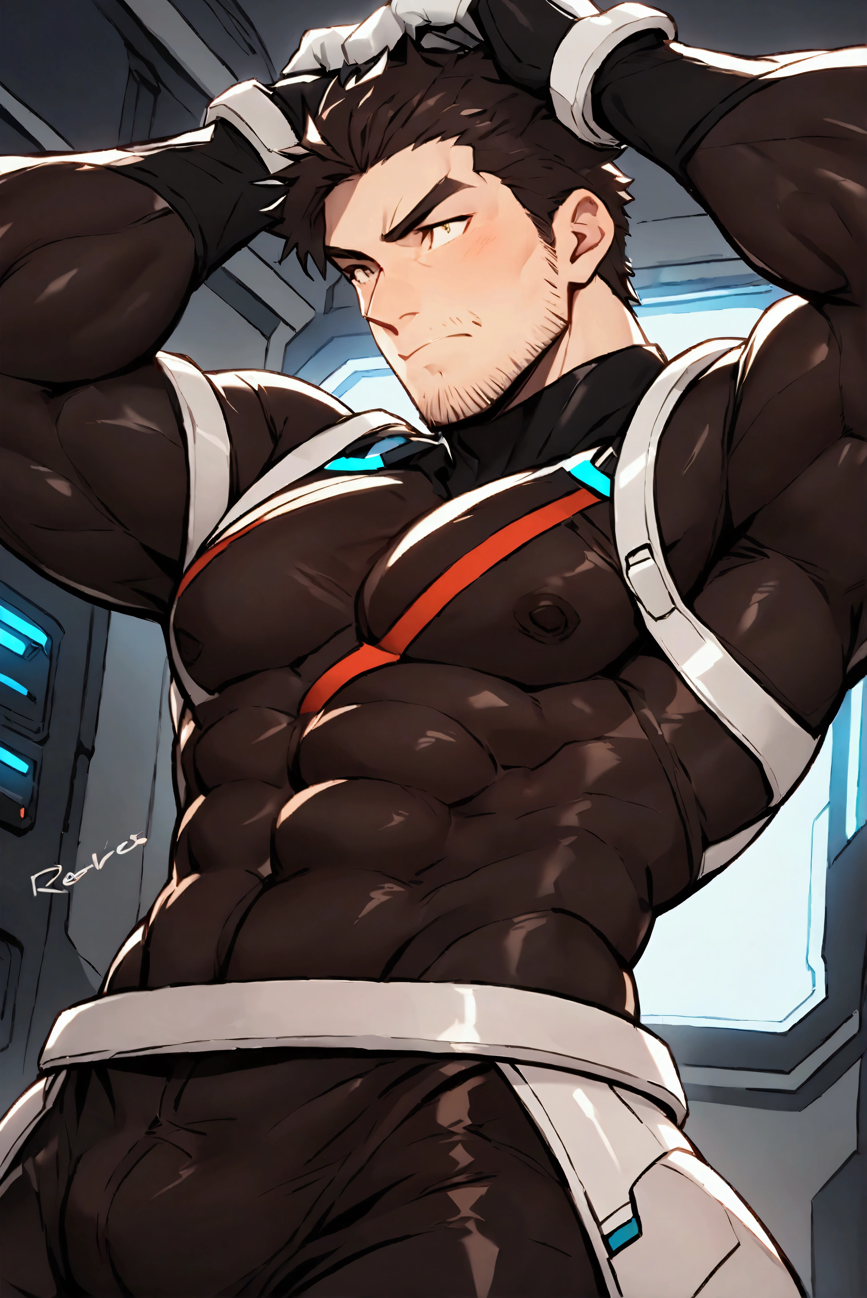 "A handsome, muscular man standing in the sleek, futuristic hallway of a spaceship. He is wearing a form-fitting spacesuit that clings tightly to his large, well-defined muscles, showcasing his impressive physique. The suit is designed for utility, with high-tech panels and attachments, but still emphasizes his chiseled frame. His face is strong and rugged, with a slight stubble, and his expression shows a mix of confidence and readiness. The spaceship’s corridor is illuminated with soft, cool-toned lights, and the walls are lined with advanced technology and control panels, reflecting the high-tech environment."