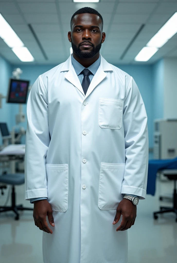 Photo of a tall dark-skinned man dressed in a doctor&#39;s uniform in a back surgery room 