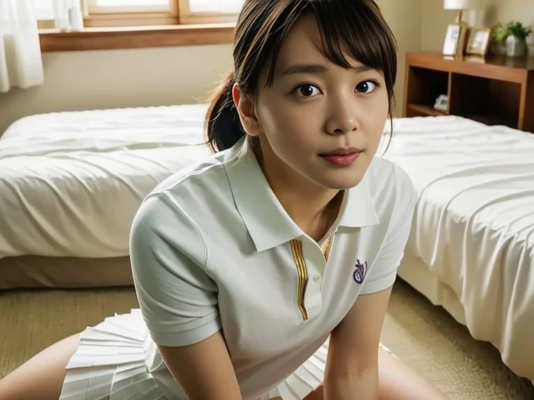 (Masterpiece, Best quality: 1.4), (Ultra realistic, Photo-realistic: 1.2), Full body, (kneeling: 1.3), Looking at viewer, Natural light, 28 years old actress, Japanese women, (arms behind back: 1.2), Neat and clean, ((Wearing white tennis uniform, White short-sleeve polo shirt with collar:1.2)), (unbutton:1.3), ((Wearing White tennis pleated skirt:1.2)), Wearing white sock, (ponytail: 1.2), Light brown hair color, (Beautiful Face), Oval face, clear, (Beautiful eyes, Kind eyes), (Clear skin), Small face, (Small mouth, Beautiful mouth), Natural makeup, Approachable, Hotel Suite room, On bed, (nsfw:1.1), Seductive smile, Seductive pose, Beautiful thighs, Touch pussy, Bedroom eyes, Spread legs,