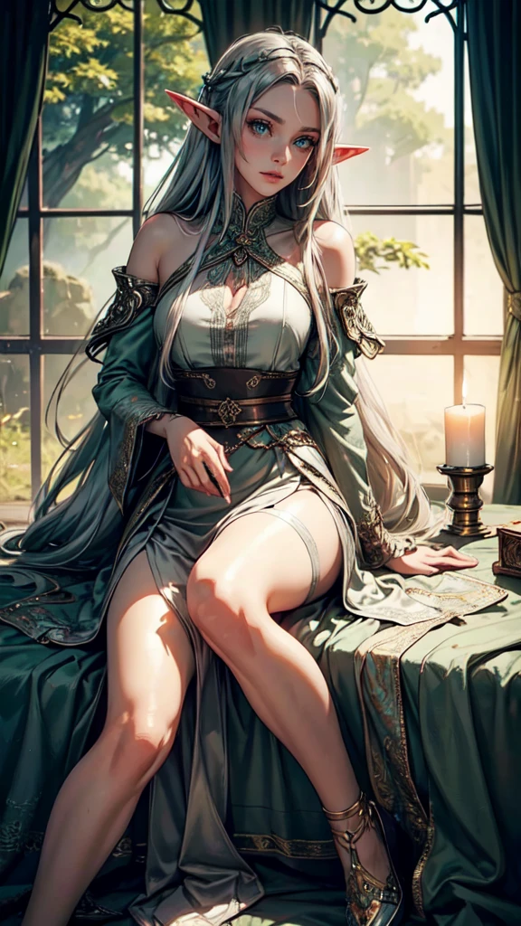 masterpiece, top-quality, Detailed details, Detailed landscapes, beatiful lights, Beautiful Shadows, Elven Woman,28 year old,Green eyes,Bewitching look,Challenging look,Lying in bed,Long hair,Bunching hair,Silvery hair,long ears,Slit skirt,Clothes that have fallen apart,detailed skin textures, Tyndall effect,candle light,detailed eyes, detaield hands, detailed face, elf woman, full body