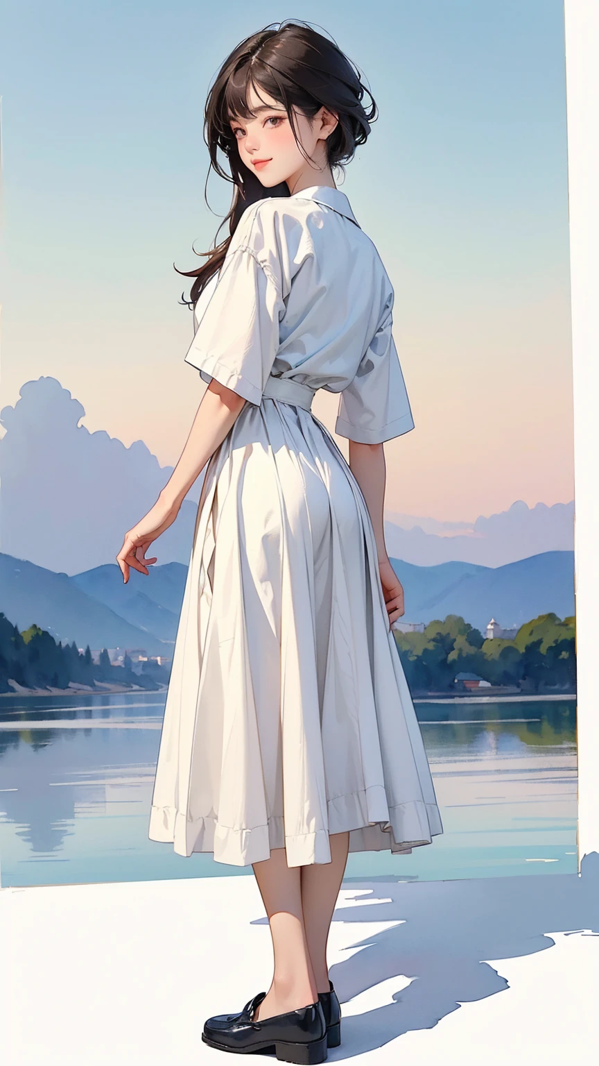(1 Girl、alone、whole body、natural standing posture)、(Standing casually)、(whole body:1.4)、(whole bodyショーケース)、(whole bodyを見せる)、((Character Concept Art))、(Portraiture:1.2)、(Detailed facial depiction、A kind smile)、Short dark brown hair、White Sailor Suit、Navy blue sailor color、uniform、Long skirt、Pleated skirt、shoes、loafers、(Vintage、Classic)、((No back scene))、((White background scene))、Blur the back scene、(No logo)、((Watercolor of singer Sargent))、Impressionist style painting、(Highest quality、masterpiece)、scene)), ((Plain back scene)), (((Sky Back Scene)))