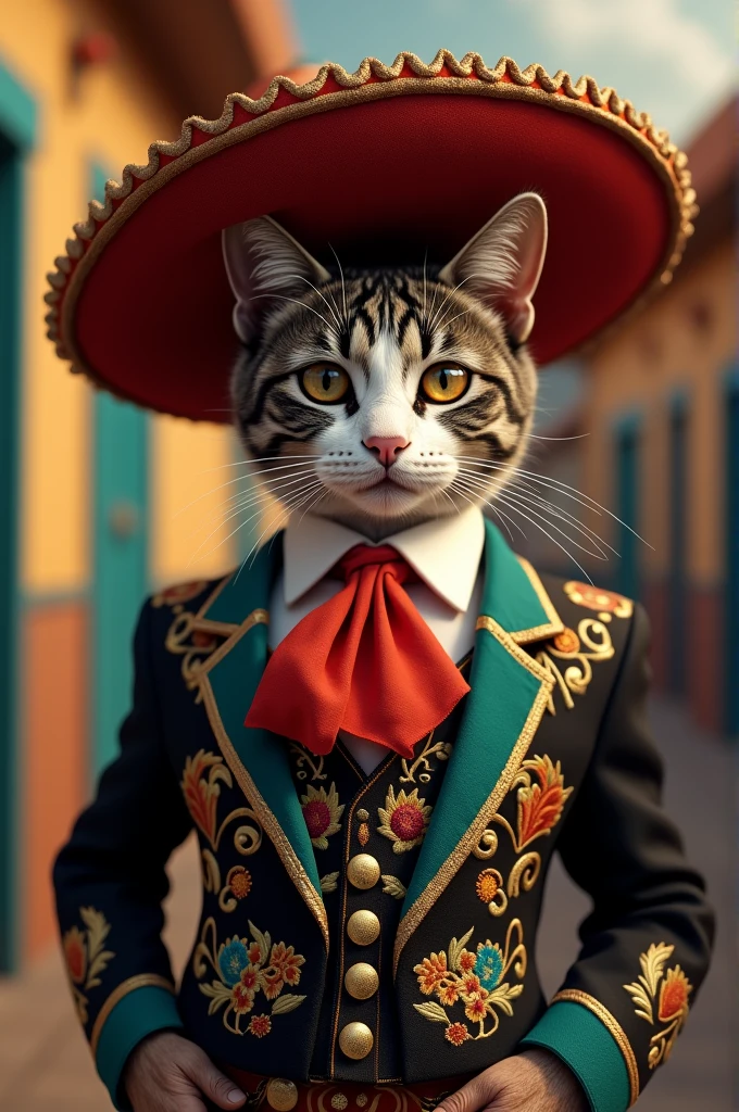 A cat that appears wearing Vicente Fernández clothes