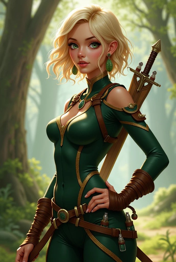 uma mulher de 20 anos, Caucasian skin, short hair to the chin blonde, with two large strands down to the shoulders in the front, honey-colored eyes, light green water lines, ear with leaf earrings, narrow but fleshy mouth, angelic face with big eyes (the appearance has to be of a fantasy world) and the indifferent expression She wears a dark green tight outfit with brown at the waist She carries small bottles of herbs, has a dagger in his thigh, her body is curvy and small, and she also carries a bow on her back, She is a 20 year old adult warrior woman, don&#39;t put a cleavage on her clothes 