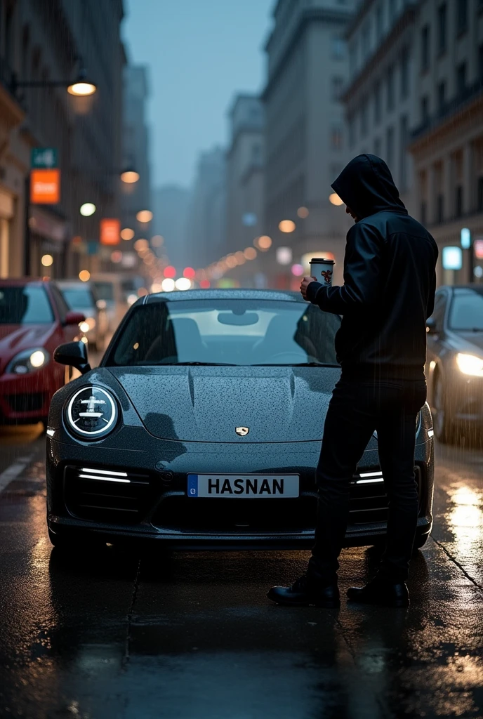 A  porsche 911 turbo s in black colour from the front in the rain in a dark night with the name HASNAN on the number plate with a guy in a black hoddie standing infront of it with a cup of coffee