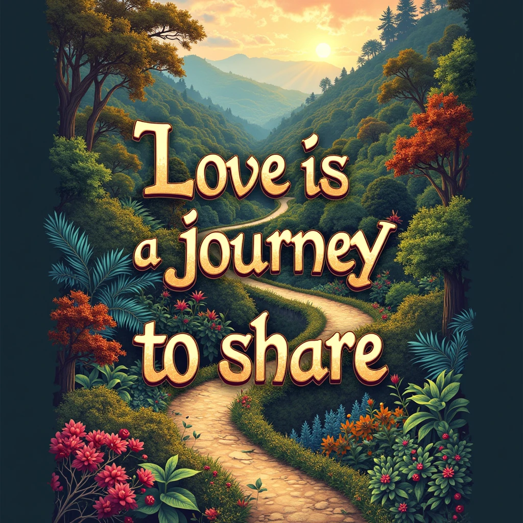 Typography Poster design, journey theme, text "Love is journey to share", masterpiece, best quality, ultra-detailed, intricate, vivid colors