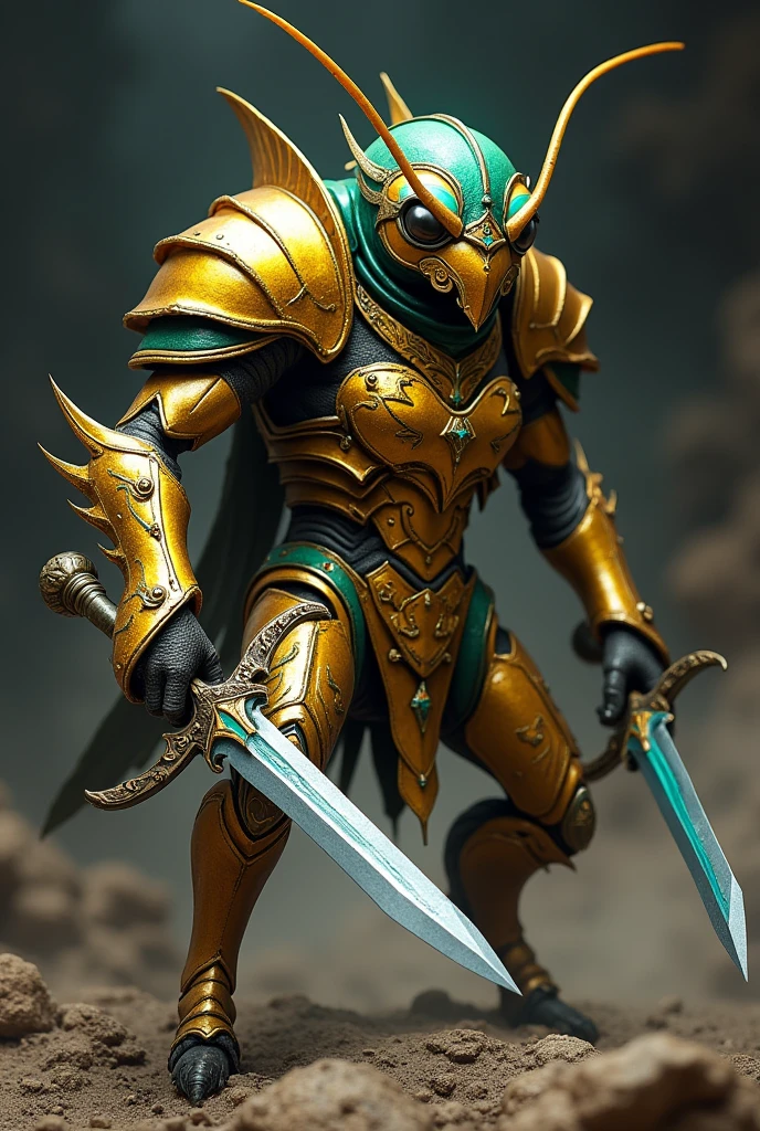 An ant with golden armor and a green helmet in an attack position with two silver swords in its hands and bright blue handles.