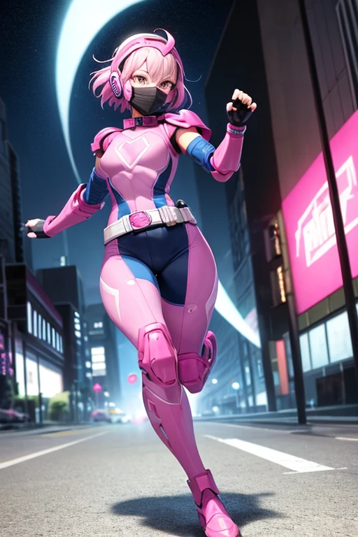 ((best quality)), ((masterpiece)), (detailed), 1 girl, full body, 20s, young adult, masked, black mask covering her entire head, smooth head, pink biker helmet, biker helmet with blue headphones on the sides, flashlight on her forehead, short pink hair sprouting from her helmet, face, black collar, tall, slim, athletic, circles on her wrists, pink accents, black fingerless gloves, pink wrist guards, pink shoulder pads, nanotech speedster suit resembling light armor, blue chest with an emblem, blue breastplate, dark blue suit with pink lines, pink speed emblem on her chest, pink emblem, blue pants, gray knee pads, metallic pink boots, white superhero belt, running through the city, pink light trail, laser, city background, anime