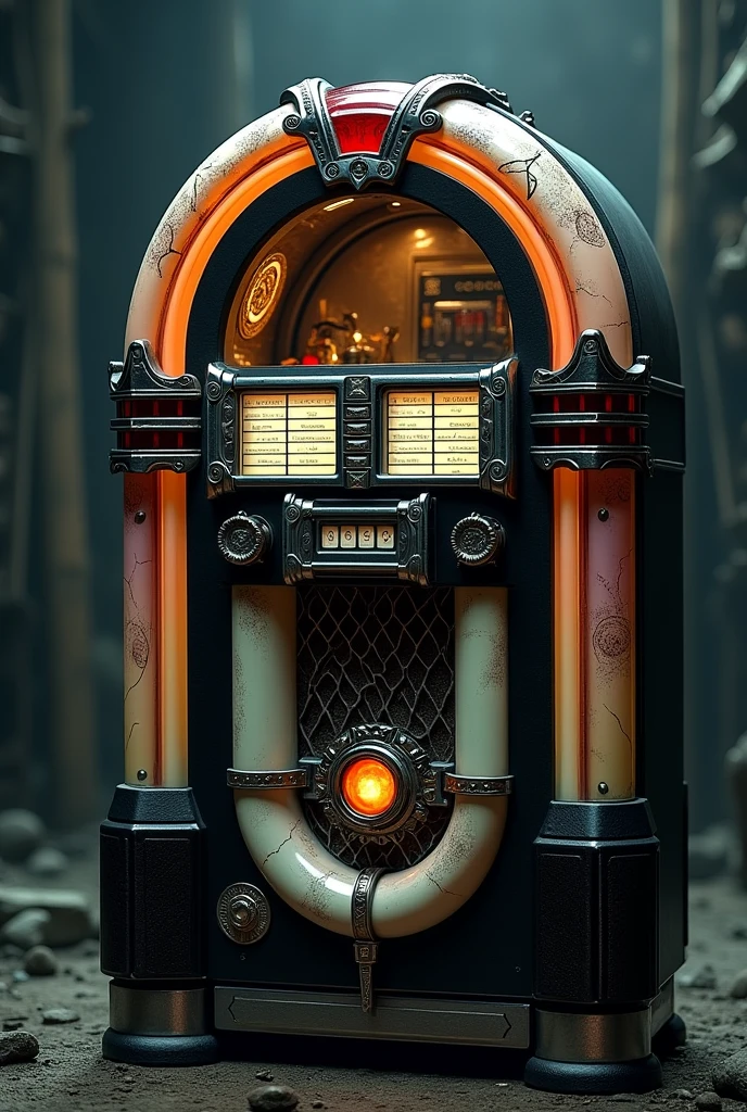 Un jukebox avec le disque du wu tang clan le cercle d'elden les armes de Raphaël des tortue ninja la marque du berserk de guts le tout en dark fantaisie de bloodborne