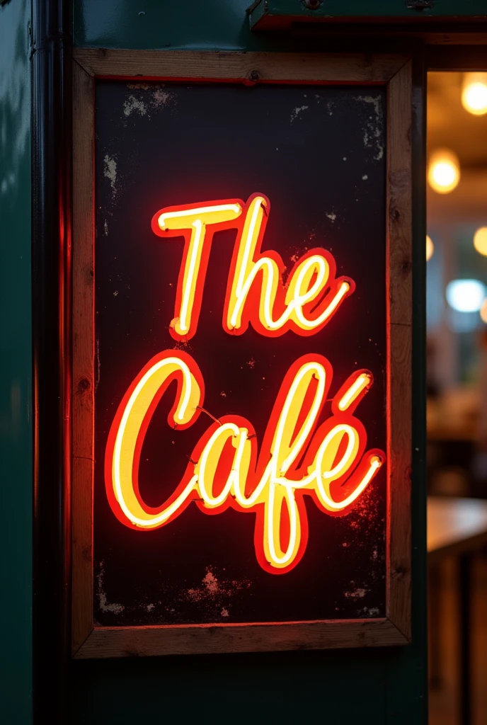 Create a sentence from the front with rustic and irregular handwriting, for a written food trailer " The Café ", in portuguese with neon.
