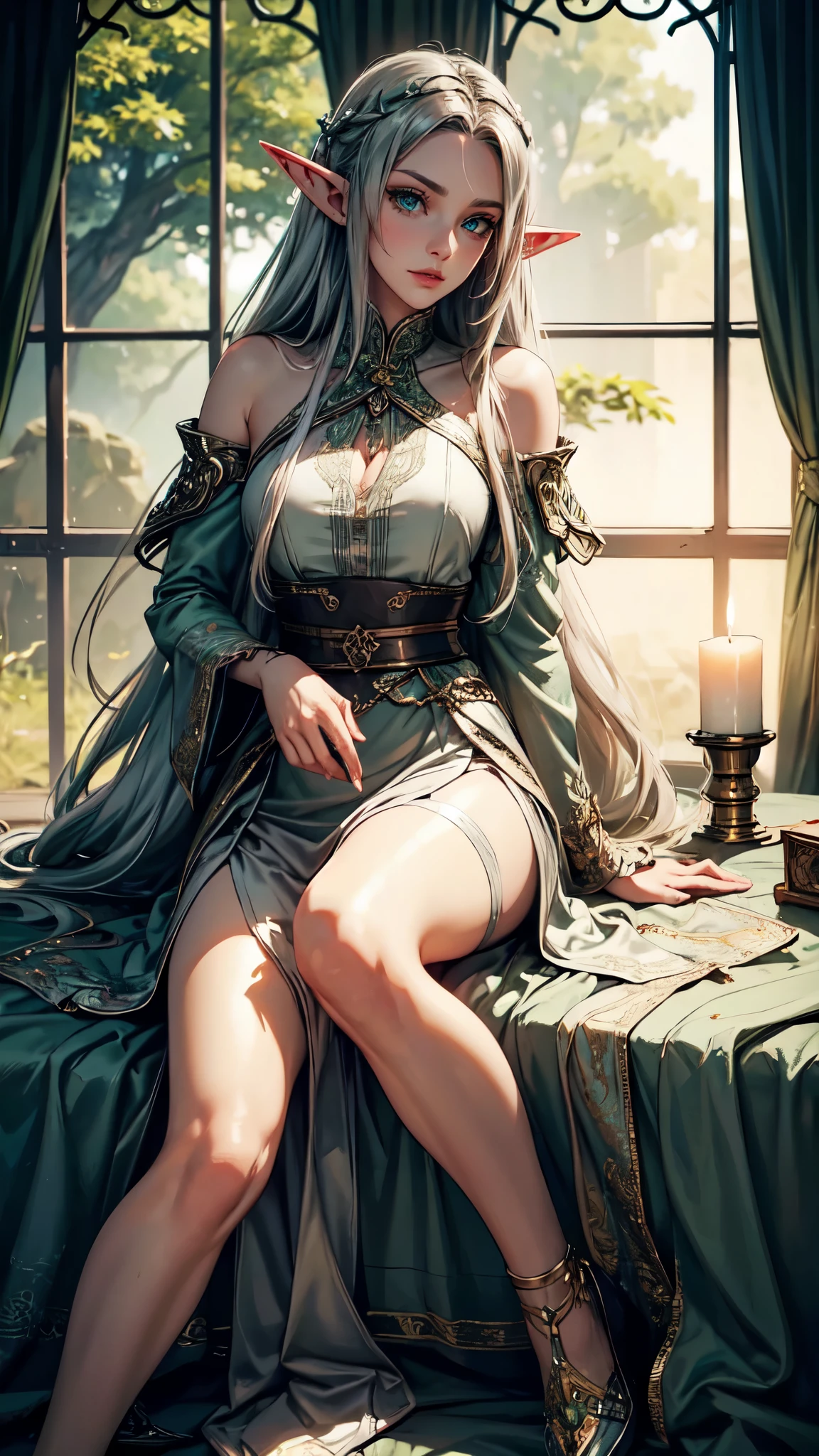 masterpiece, top-quality, Detailed details, Detailed landscapes, beatiful lights, Beautiful Shadows, Elven Woman,28 year old,Green eyes,Bewitching look,Challenging look,Lying in bed,Long hair,Bunching hair,Silvery hair,long ears,Slit skirt,Clothes that have fallen apart,detailed skin textures, Tyndall effect,candle light,detailed eyes, detaield hands, detailed face, elf woman, full body
