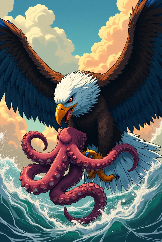 Eagle eating octopus anime style