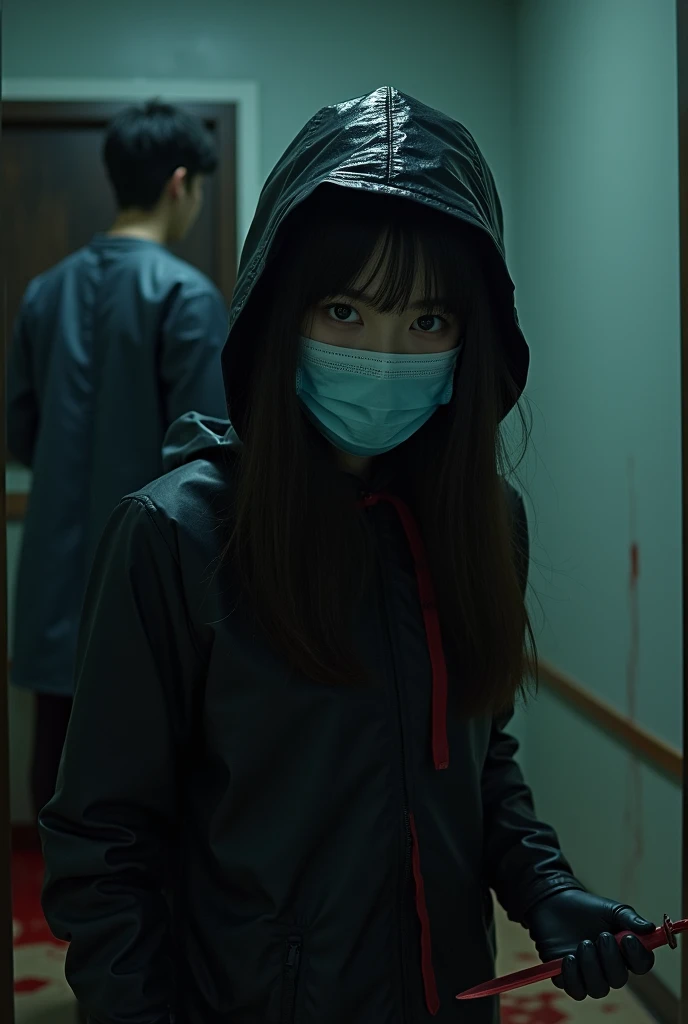 korean girl, (behind corpse, surgical mask), holding knife, stabbing, black gloves, room full of blood, black raincoat, hood up, holding knife, black gloves, behind corpse, blood splatter, long bangs, black wet suit, night, mass murderer, robbery, dark atmosphere, cinematic lighting, atmospheric realistic,