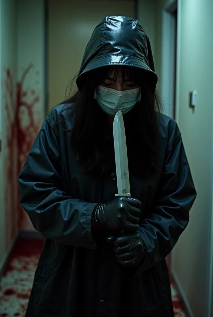 korean girl, (behind corpse, surgical mask), holding knife, stabbing, black gloves, room full of blood, black raincoat, bucket hat, holding knife, black gloves, behind corpse, blood splatter, long bangs, in the hotel, black wet suit, night, mass murderer, killer, robbery, dark atmosphere, cinematic lighting, atmospheric realistic,