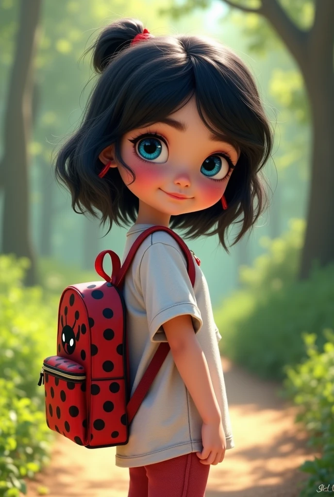 White skinned girl with black hair and blue eyes, Comfortable clothing and a small full-body bag with Miraculous Ladybug graphics