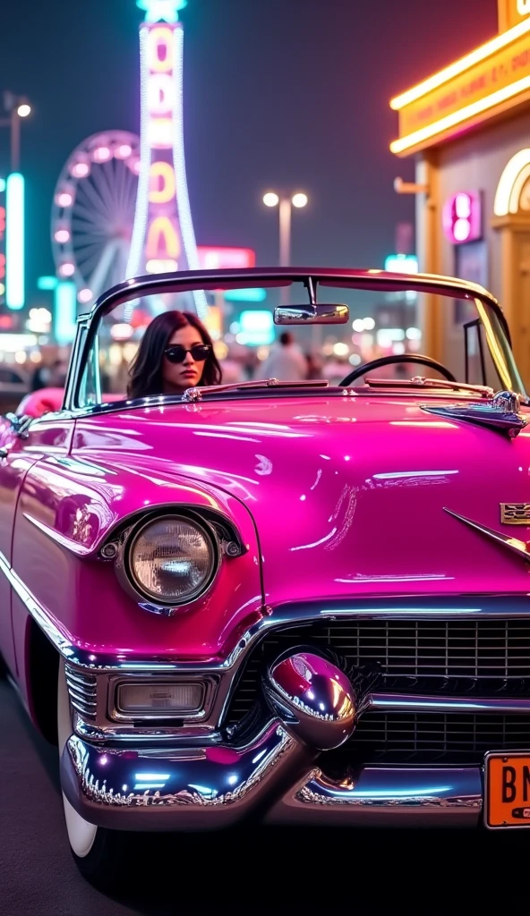 completion, Angled photo of a bright pink 1955 Cadillac Eldorado convertible with shiny polished metal, The painting reflects everything around it, Cyberpunk Style, Surrounded by colorful neon lights, Ferris wheel, Golden Wheel, gold details, Woman driving wearing sunglasses, Neon on car paint, Reflective paint that reflects everything around you, Detailed headlights, 非常にDetailed headlights, As detailed as possible, Hyper Real、As realistic as possible, Better Quality, Kuru, first work, Super awesome photo, Better Quality, Ultra-high resolution, Realistic, Sun light, Framing the entire car in the photo, Very beautiful,, Dynamic pose