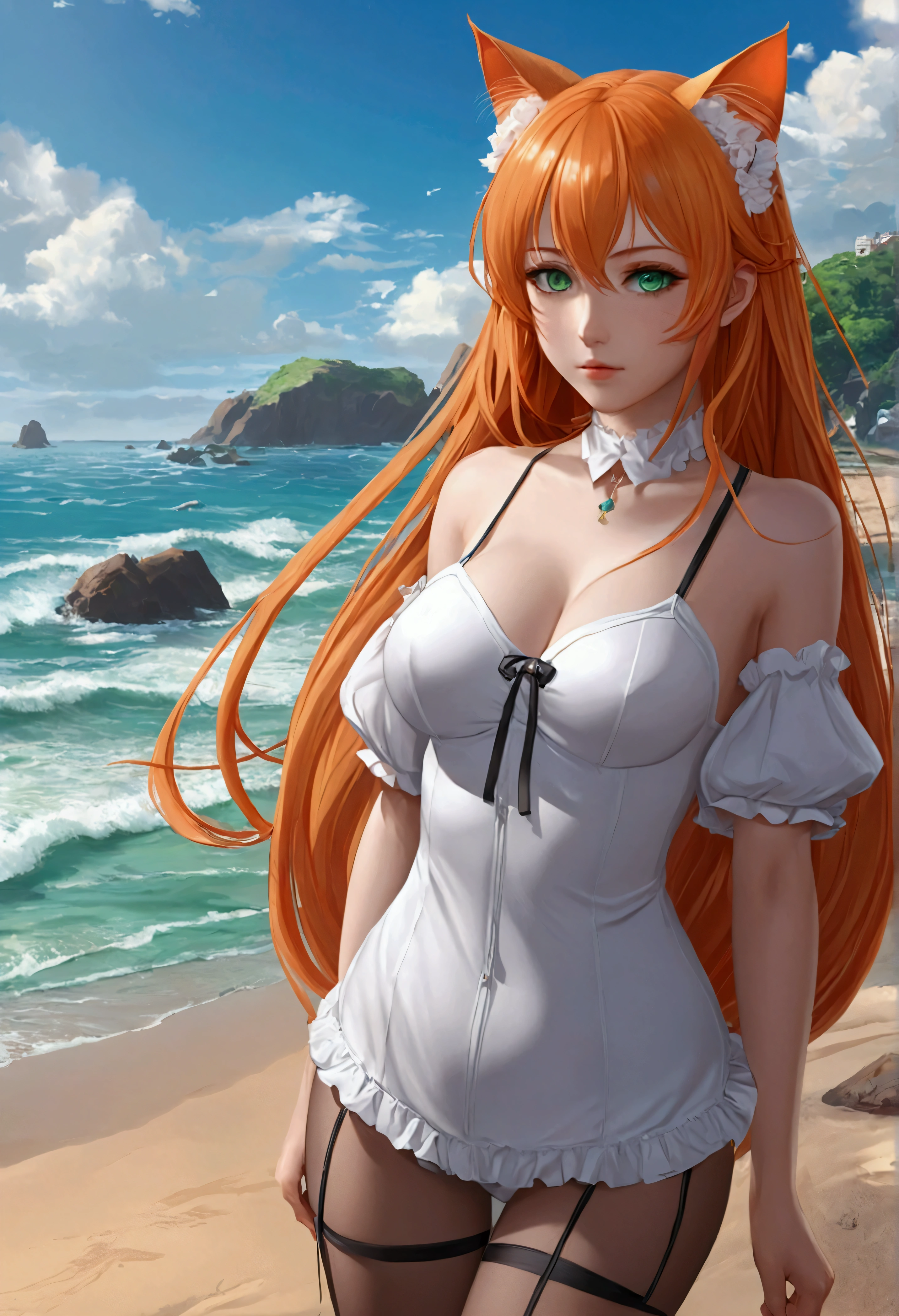 anime girl with long orange hair standing on beach near ocean, green eyes detailed digital anime art, cat ears, , anime girl with long hair, smooth anime cg art, anime girl with long hair, average breast size, digital anime art, artwork in the style of guweiz, beautiful anime portrait, photorealistic anime girl render, beautiful anime girl, advanced digital anime art, pantyhose, guweiz on artstation pixiv upscale HD UHD HQ
