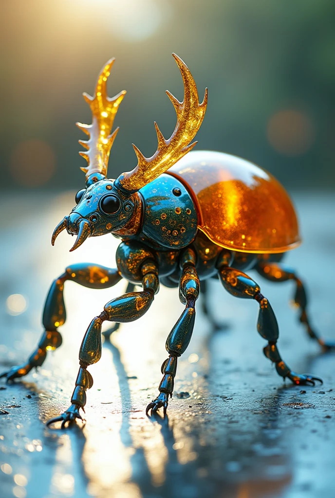 The Thai robot Stag beetle glass beautiful art golden and blue color เต็มตัว สะท้อนแสงอาทิตย์ ใส แก้ว