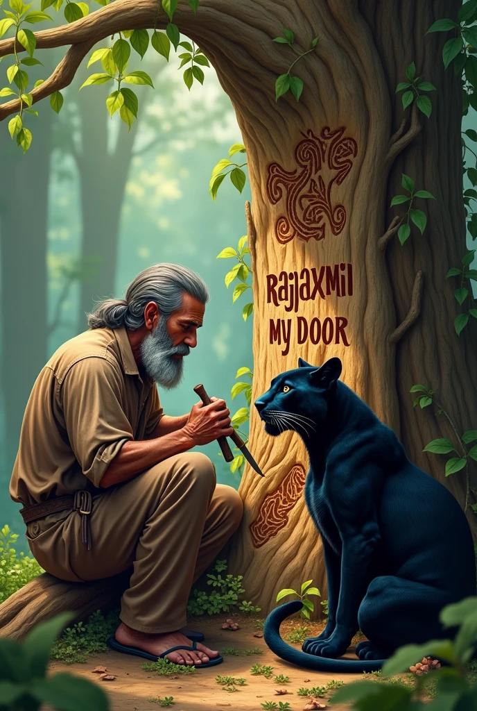 A man with his hand tools  carving a live tree he carved on that tree which is name of  RAJLAXMI MY DOOR  location is beautiful forest and one black panther sitting beside him which is sky blue eyed