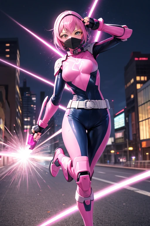 ((best quality)), ((masterpiece)), (detailed), 1 girl, full body, 20s, young adult, masked, black mask covering her entire head, smooth head, pink biker helmet, biker helmet with blue headphones on the sides, flashlight on her forehead, short pink hair sprouting from her helmet, face, black collar, tall, slim, athletic, circles on her wrists, pink accents, black fingerless gloves, pink wrist guards, pink shoulder pads, nanotech speedster suit resembling light armor, blue chest with an emblem, blue breastplate, dark blue suit with pink lines, pink speed emblem on her chest, pink emblem, blue pants, gray knee pads, metallic pink boots, white superhero belt, running through the city, pink light trail, laser, city background, anime