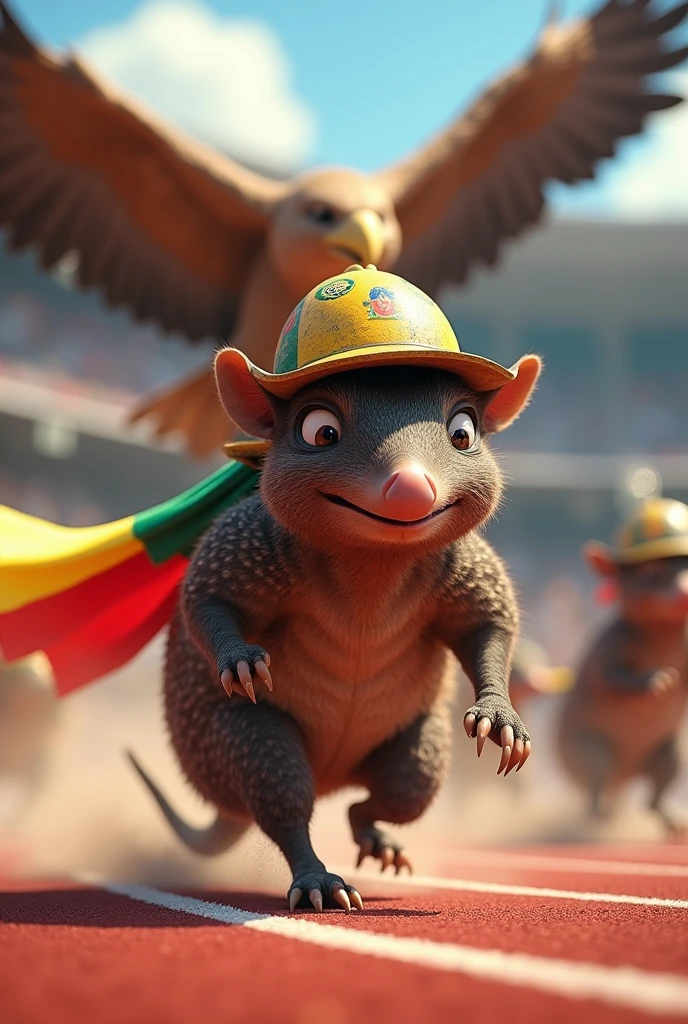 An animated armadillo with the Bolivian flag (red, yellow and green) in the hand, con casco cafe de minero en su cabeza y que este corriendo atletismo París 2024
La bandera es red yellow and green
El caparazón que se note
Y su rostro más monaliso (special smiling)
Plus a dangerous Andean puma attacking him from behind And a ferocious Andean condor from above