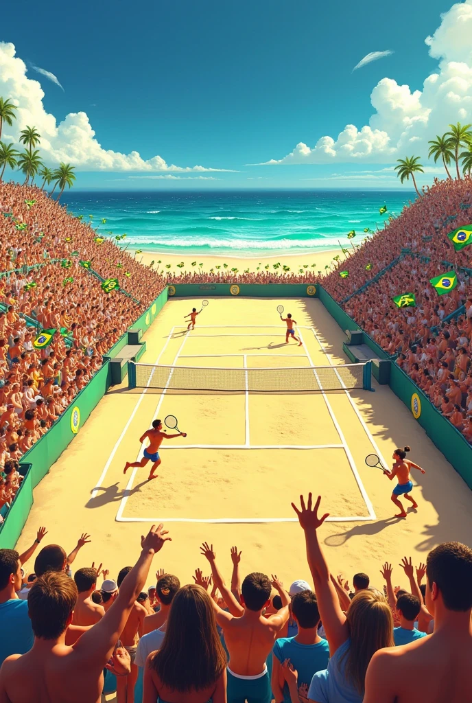A sand Beach Tennis court, with two people on each side, packed audience with Brazilian flags, olympics style
