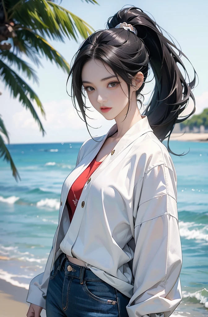 woman with long black hair ponytail, Anime drawing by Yang J, pixiv, serial art, anime style 4 k, anime style. 8K, Gwaites style artwork, Realistic anime 3d style, anime style illustration, high quality anime art style, digital anime illustration, realistic anime art style, anime art style, very colorful, pop feel, in.s. west coast, summer image, coconut tree, seaside, Adult woman around 27 years old, Very sophisticated, It will be, wearing a white blouson, Black jeans Tall and skinny supermodel body type, Lofty dream, mysterious, cool beauty, it will happen, Anime drawing by Yang J, Trending at Art station, realism, extremely detailed The germ of art, Realistic anime 3D style, anime style 4 k, モデルまin | The germ of art, anime style. 8K, casual clothes, realistic anime art style, style The germ of art, sharp outline, highest quality, perfect angle, perfect composition, The perfect subject, best shot, official art,CD jacket, 80s city pop, very stylish
