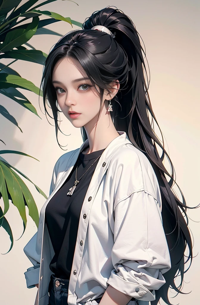 woman with long black hair ponytail, Anime drawing by Yang J, pixiv, serial art, anime style 4 k, anime style. 8K, Gwaites style artwork, Realistic anime 3d style, anime style illustration, high quality anime art style, digital anime illustration, realistic anime art style, anime art style, very colorful, pop feel, in.s. west coast, summer image, coconut tree, seaside, Adult woman around 27 years old, Very sophisticated, It will be, wearing a white blouson, Black jeans Tall and skinny supermodel body type, Lofty dream, mysterious, cool beauty, it will happen, Anime drawing by Yang J, Trending at Art station, realism, extremely detailed The germ of art, Realistic anime 3D style, anime style 4 k, モデルまin | The germ of art, anime style. 8K, casual clothes, realistic anime art style, style The germ of art, sharp outline, highest quality, perfect angle, perfect composition, The perfect subject, best shot, official art,CD jacket, 80s city pop, very stylish