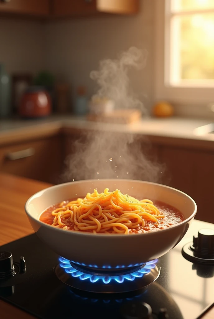 Bowl with maggie with water on gas stove 