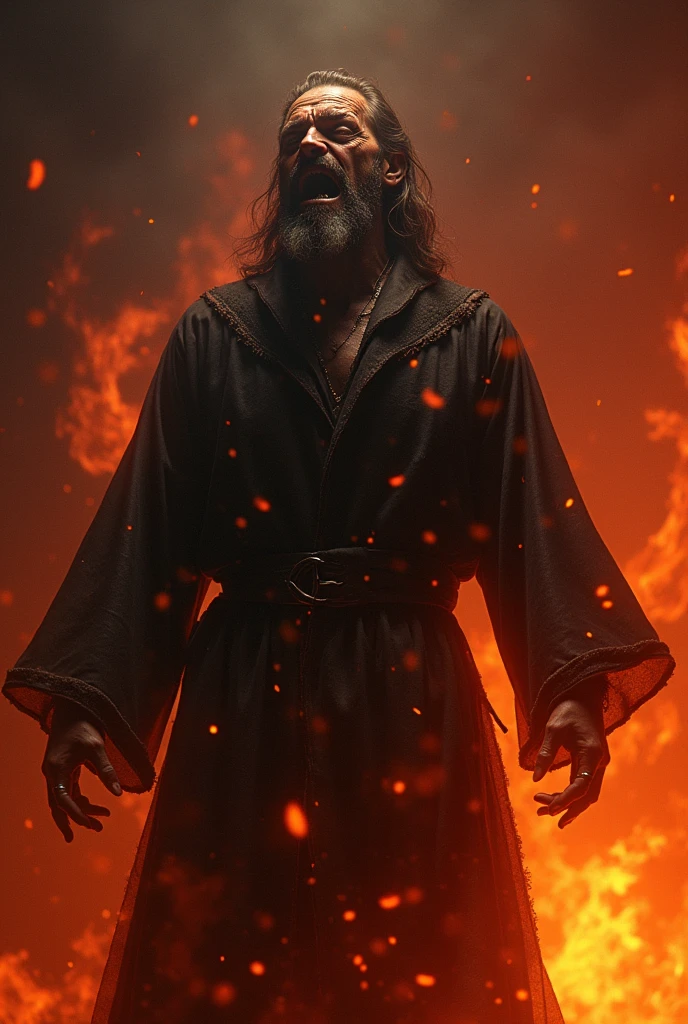 Depict the Protestant reformer John Calvin with a face full of tears, agonizing in pain in the fires of hell