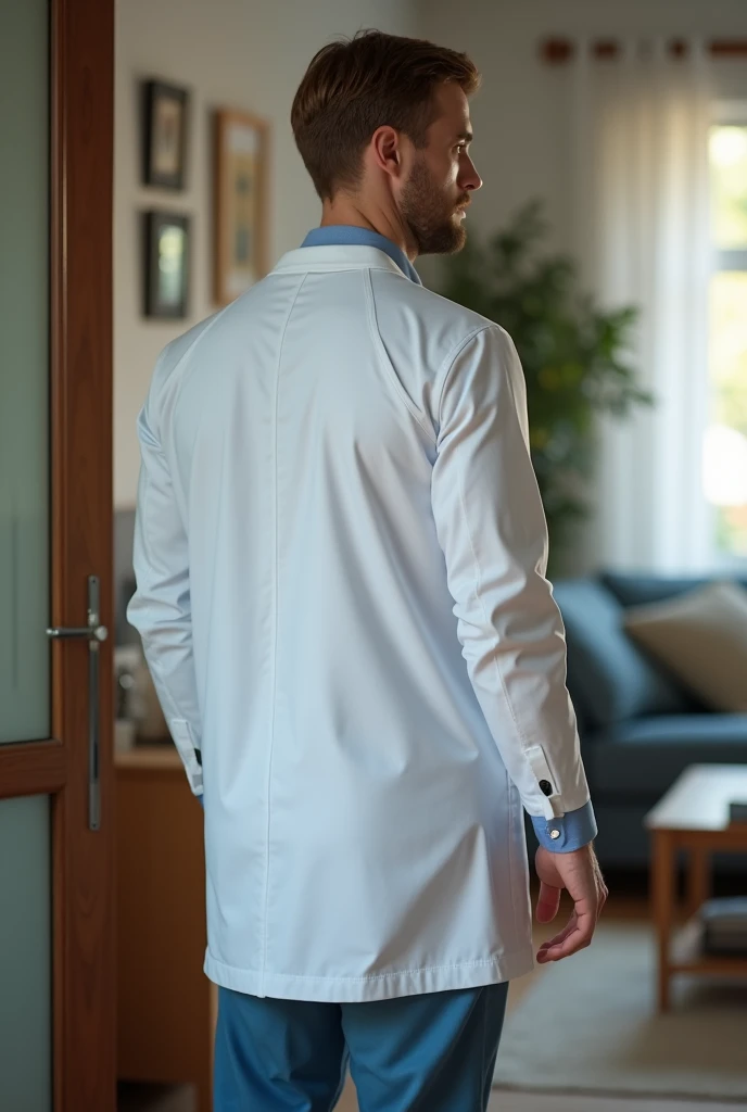Photo of tall 32 year old white man, dressed in a doctor&#39;s uniform at home but with his back turned 