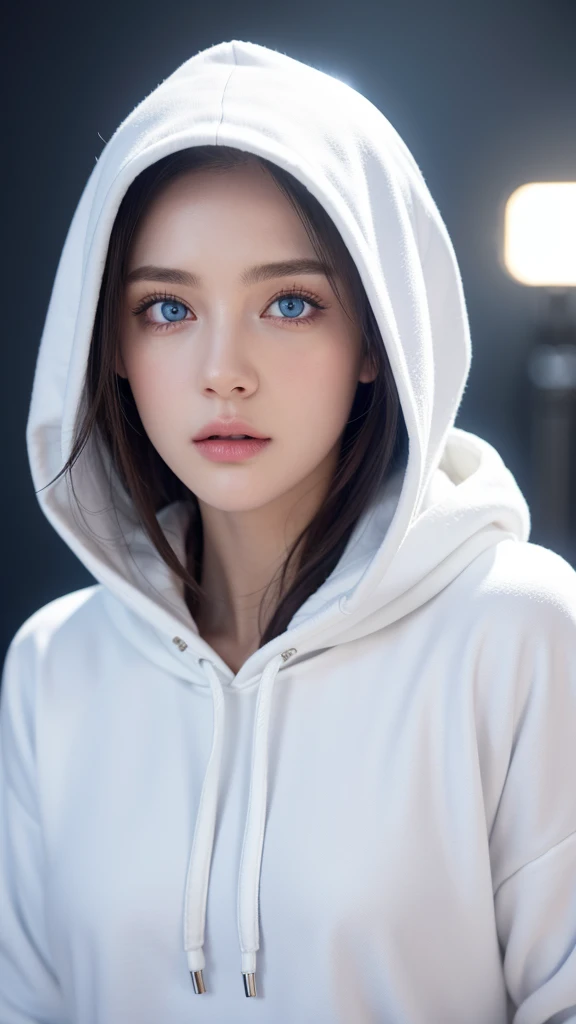 1girl, solo, long sleeve, white hoodie, blue eyes, beautiful detailed eyes, beautiful detailed lips, extremely detailed face, longeyelashes, highres, photorealistic, studio lighting, detailed background, detailed clothing, cinematic lighting, dramatic lighting, warm color palette, vibrant colors