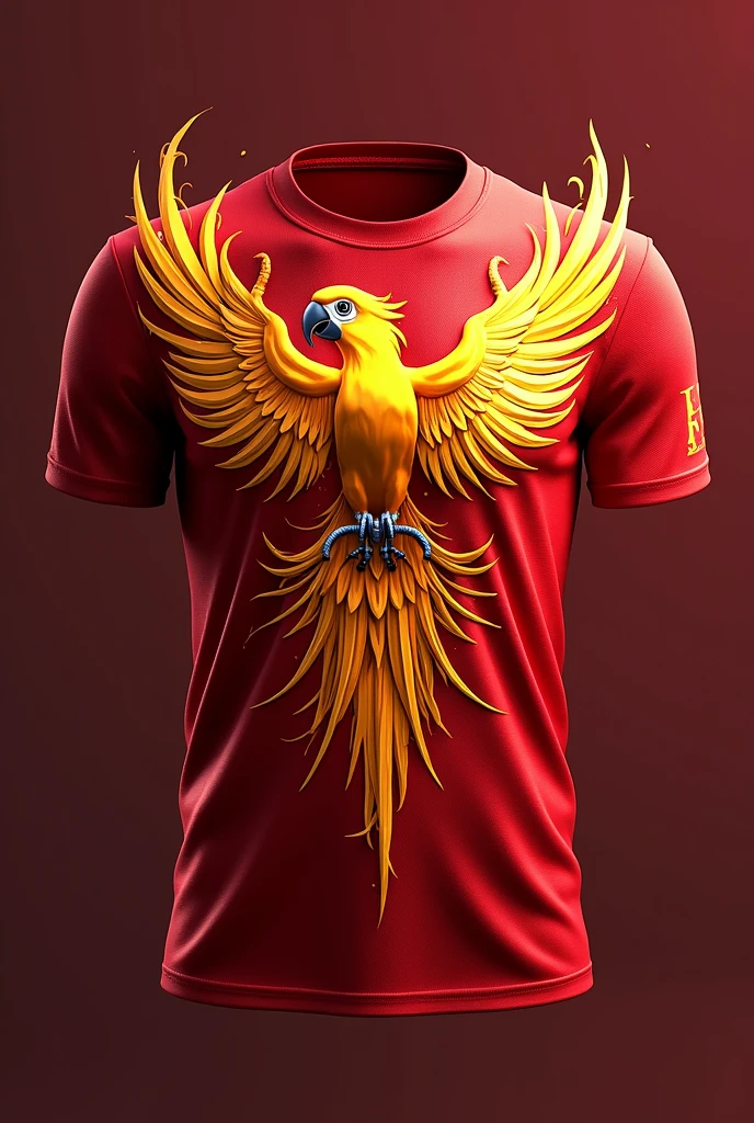 Make a red team shirt with gold flame-like details,and add a golden macaw too 