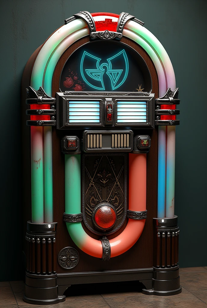 Un jukebox avec le disque du wu tang clan le cercle d'elden les armes de Raphaël des tortue ninja la marque du berserk de guts le tout en dark fantaisie de bloodborne